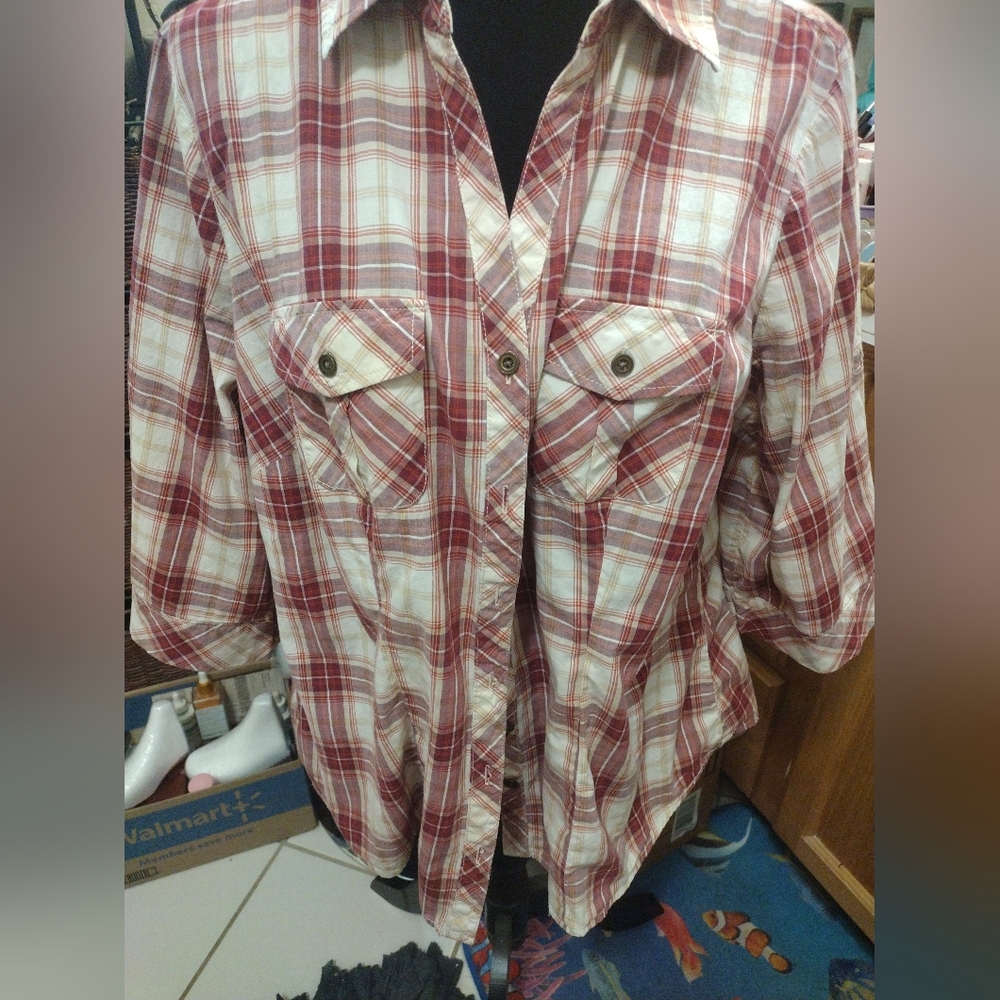 SONOMA Lifestyle Woman's Plaid Button-Up Top_Blouse SZ 1X/ Brass Buttons See Pic